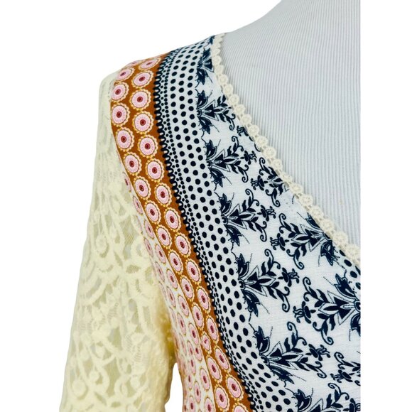 Boutique Mixed Print & Lace Bell Sleeve Boho Cottagecore Mini Dress - Picture 4 of 12